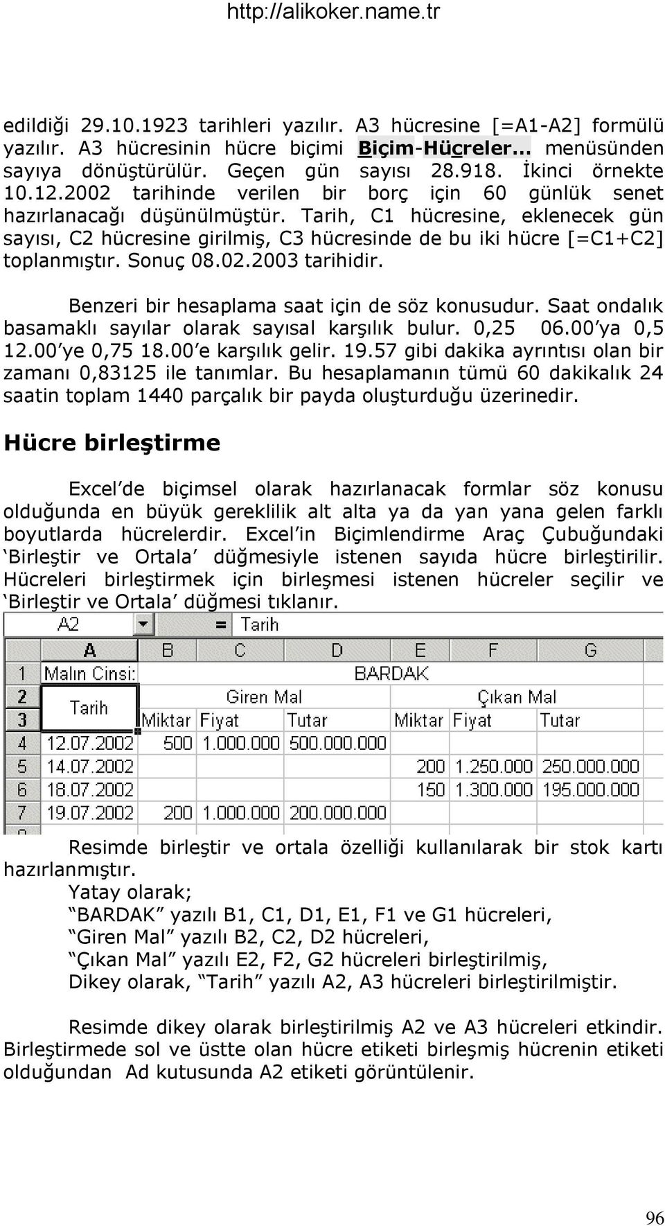 Sonuç 08.02.2003 tarihidir. Benzeri bir hesaplama saat için de söz konusudur. Saat ondalık basamaklı sayılar olarak sayısal karģılık bulur. 0,25 06.00 ya 0,5 12.00 ye 0,75 18.00 e karģılık gelir. 19.