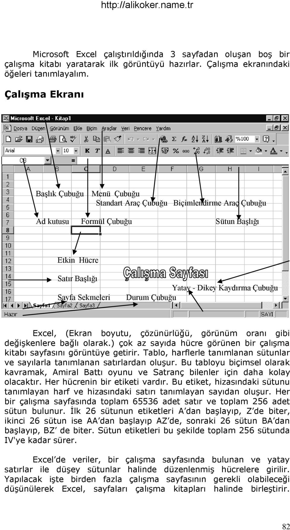 Durum Çubuğu Excel, (Ekran boyutu, çözünürlüğü, görünüm oranı gibi değiģkenlere bağlı olarak.) çok az sayıda hücre görünen bir çalıģma kitabı sayfasını görüntüye getirir.