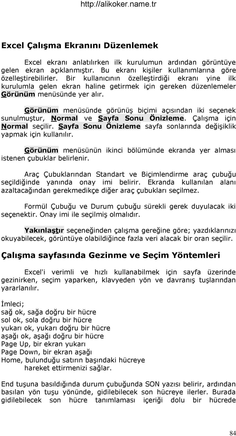 Görünüm menüsünde görünüģ biçimi açısından iki seçenek sunulmuģtur, Normal ve Sayfa Sonu Önizleme. ÇalıĢma için Normal seçilir. Sayfa Sonu Önizleme sayfa sonlarında değiģiklik yapmak için kullanılır.