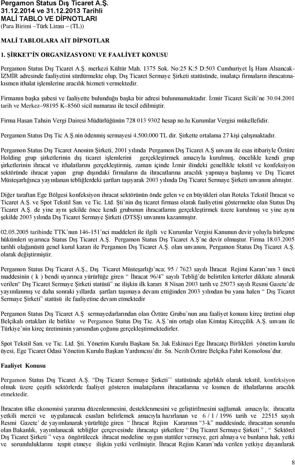 hizmeti vermektedir. Firmanın başka şubesi ve faaliyette bulunduğu başka bir adresi bulunmamaktadır. İzmir Ticaret Sicili ne 30.04.