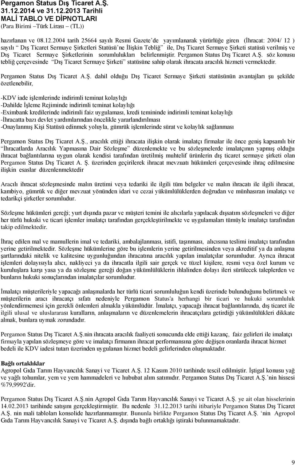 verilmiş ve Dış Ticaret Sermaye Şirketlerinin sorumlulukları belirlenmiştir. Pergamon Status Dış Ticaret A.Ş. söz konusu tebliğ çerçevesinde Dış Ticaret Sermaye Şirketi statüsüne sahip olarak ihracata aracılık hizmeti vermektedir.