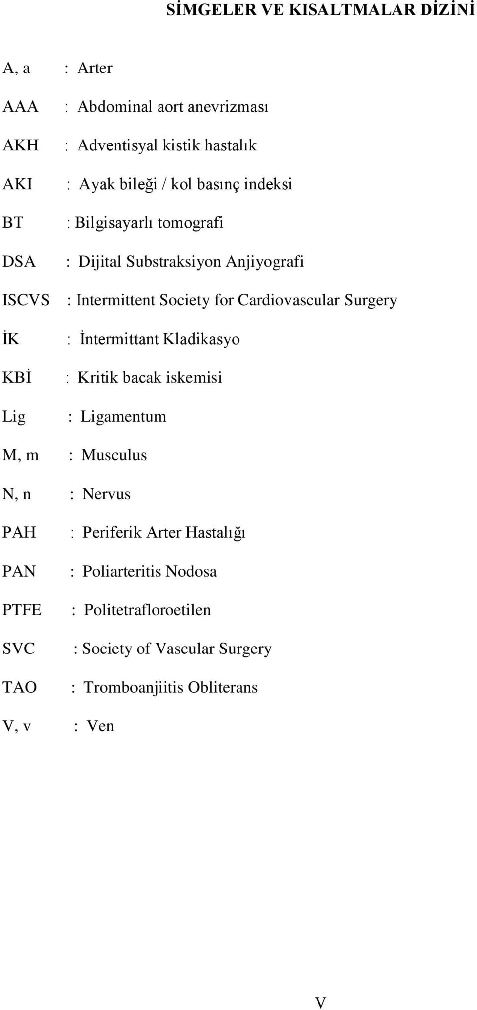 Surgery İK KBİ Lig : İntermittant Kladikasyo : Kritik bacak iskemisi : Ligamentum M, m : Musculus N, n : Nervus PAH PAN PTFE SVC TAO :