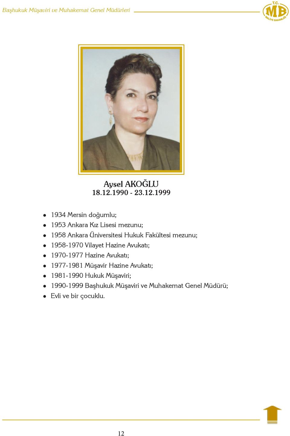 1999 1934 Mersin doğumlu; 1953 Ankara Kız Lisesi mezunu; 1958 Ankara Üniversitesi Hukuk