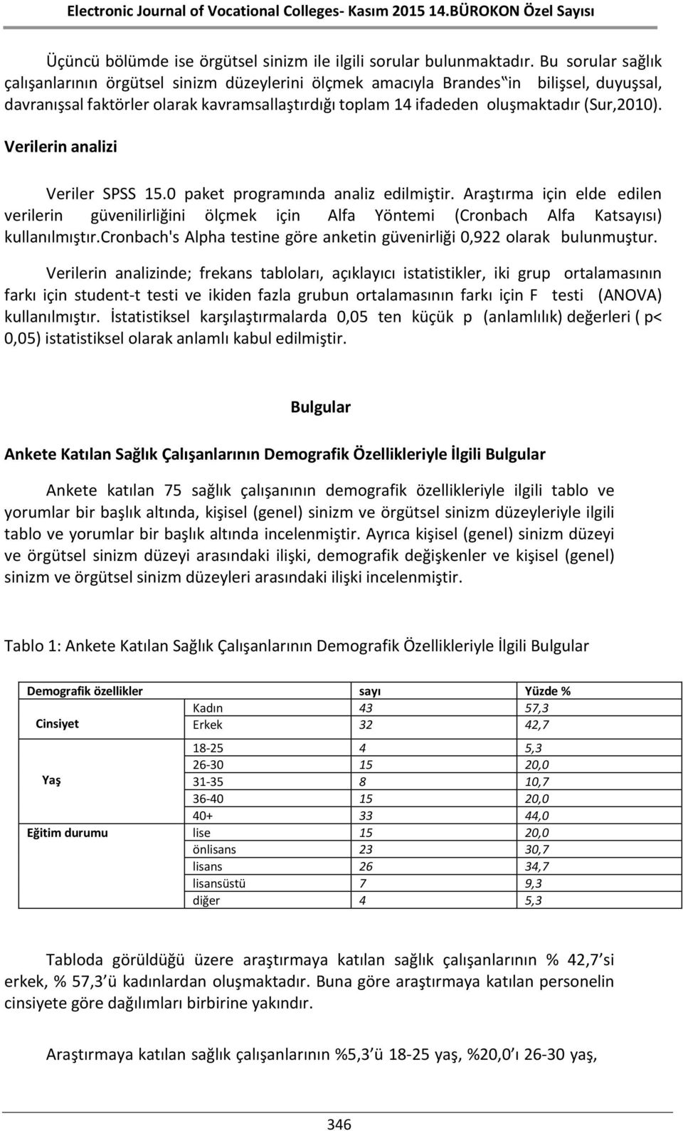 Verilerin analizi Veriler SPSS 15.0 paket programında analiz edilmiştir. Araştırma için elde edilen verilerin güvenilirliğini ölçmek için Alfa Yöntemi (Cronbach Alfa Katsayısı) kullanılmıştır.