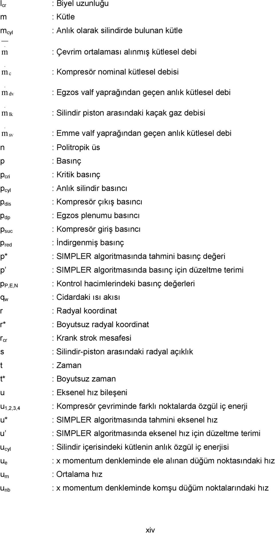 m n p sv p cri p cyl p dis p dp p suc p red : Emme valf yaprağından geçen anlık kütlesel debi : Politropik üs : Basınç : Kritik basınç : Anlık silindir basıncı : Kompresör çıkış basıncı : Egzos