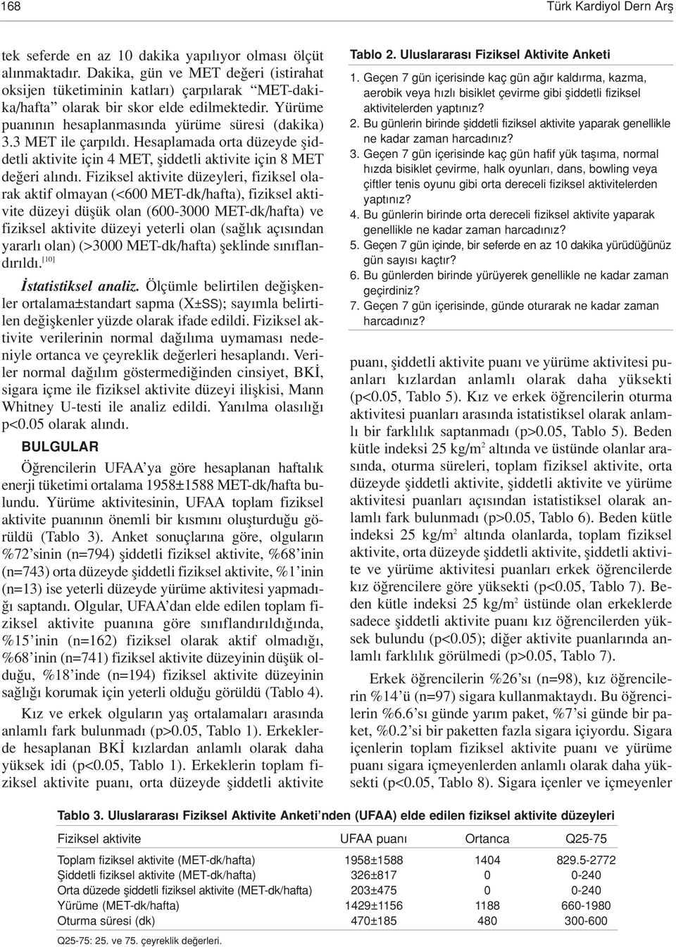 3 MET ile çarp ld. Hesaplamada orta düzeyde fliddetli aktivite için 4 MET, fliddetli aktivite için 8 MET de eri al nd.