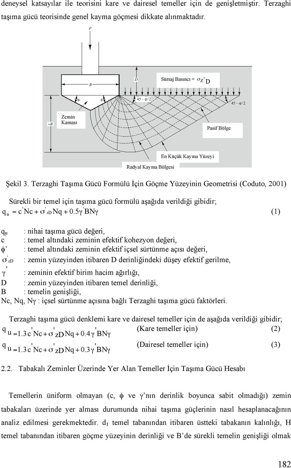Terzaghi Ta ıma Gücü Formülü çin Göçme Yüzeyinin Geometrisi (Coduto, 2001) Sürekli bir temel için ta ıma gücü formülü a a ıda verildi i gibidir; ' ' ' q u = c Nc + zdnq + 0.