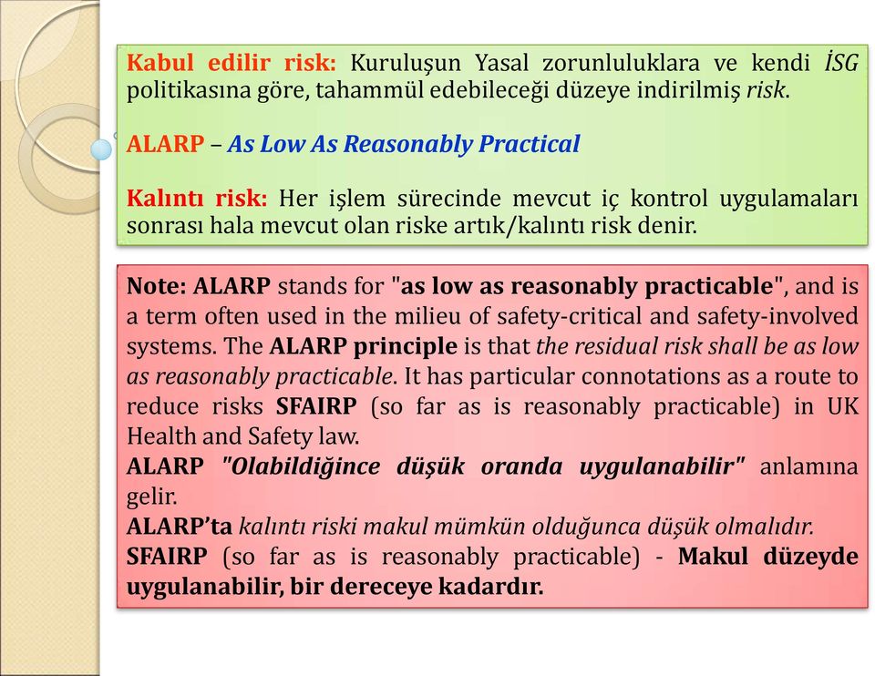 Note: ALARP stands for "as low as reasonably practicable", and is a term often used in the milieu of safety-critical and safety-involved systems.