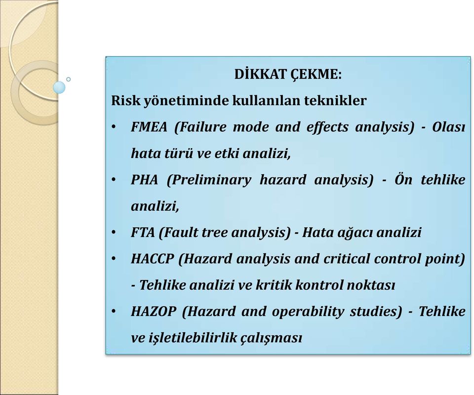 analysis) - Hata ağacı analizi HACCP (Hazard analysis and critical control point) - Tehlike analizi