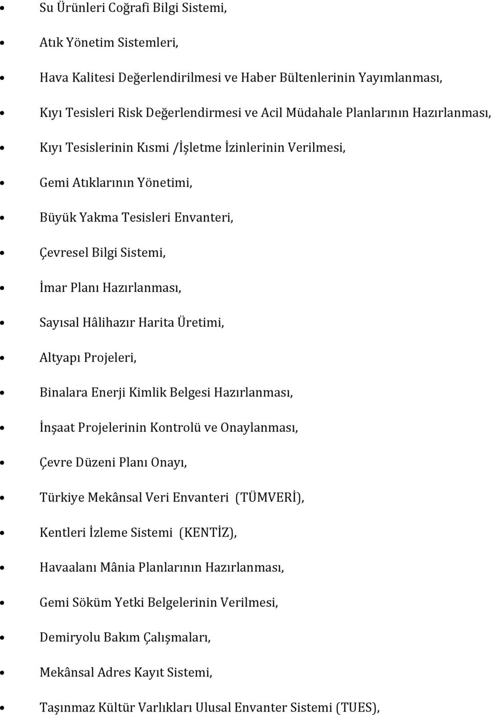 Harita Üretimi, Altyapı Projeleri, Binalara Enerji Kimlik Belgesi Hazırlanması, İnşaat Projelerinin Kontrolü ve Onaylanması, Çevre Düzeni Planı Onayı, Türkiye Mekânsal Veri Envanteri (TÜMVERİ),