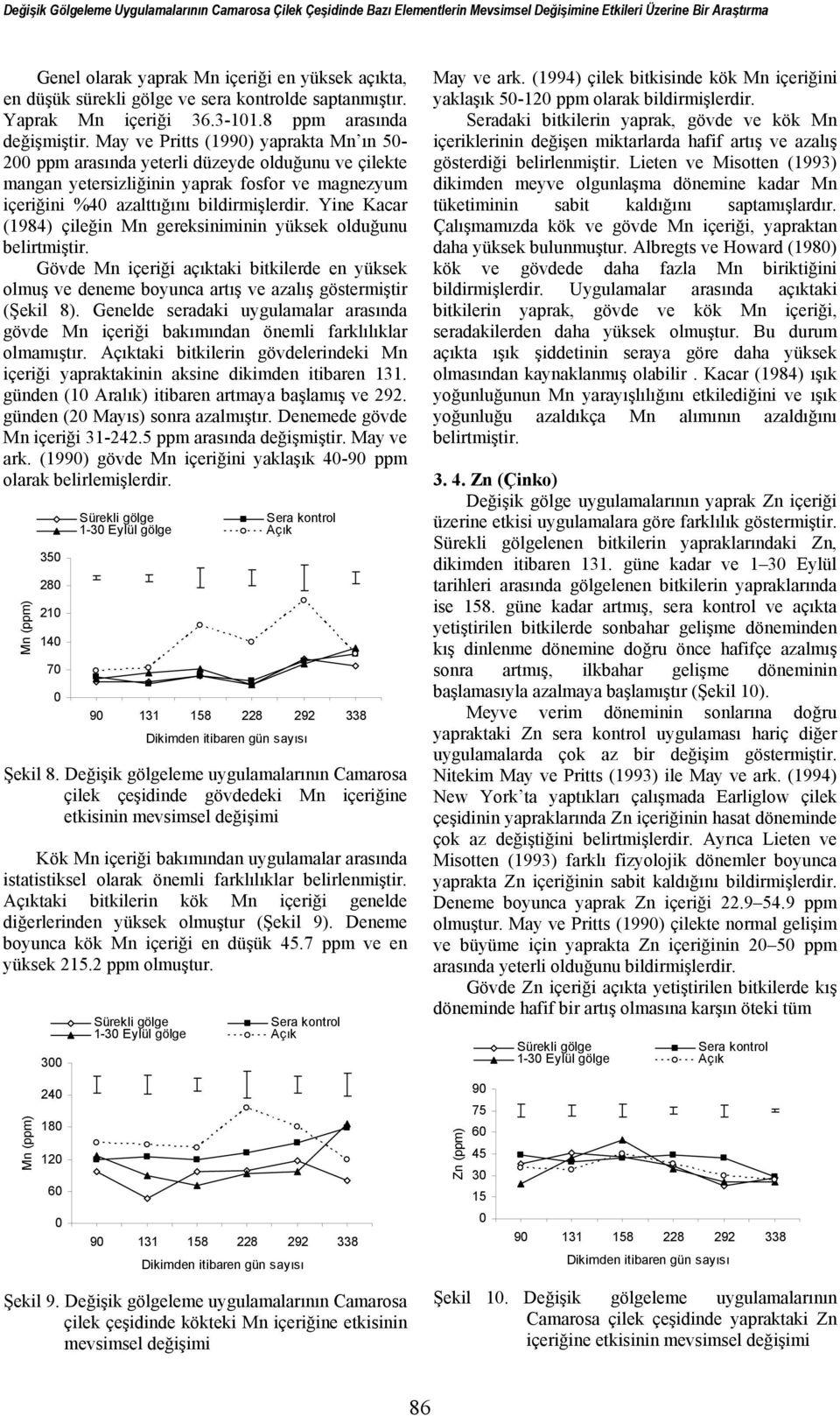 May ve Pritts (199) yaprakta Mn ın 5-2 ppm arasında yeterli düzeyde olduğunu ve çilekte mangan yetersizliğinin yaprak fosfor ve magnezyum içeriğini %4 azalttığını bildirmişlerdir.