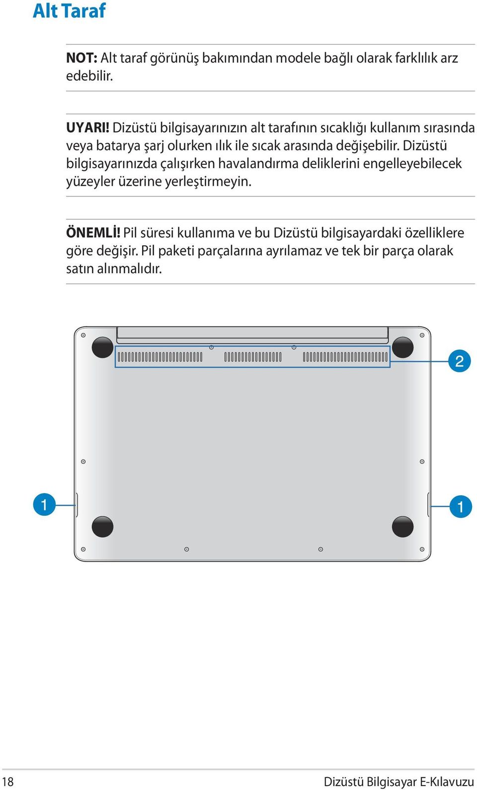 Dizüstü bilgisayarınızda çalışırken havalandırma deliklerini engelleyebilecek yüzeyler üzerine yerleştirmeyin. ÖNEMLİ!