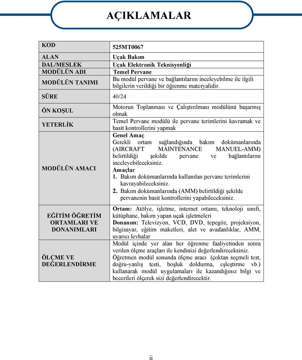 Motorun Toplanması ve Çalıştırılması modülünü başarmış olmak Temel Pervane modülü ile pervane terimlerini kavramak ve basit kontrollerini yapmak Genel Amaç Gerekli ortam sağlandığında bakım