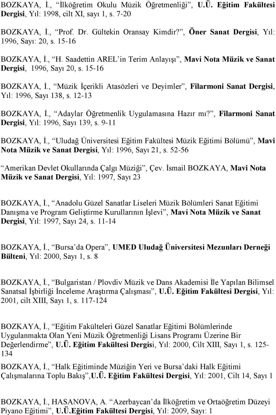 12-13 BOZKAYA, Ġ., Adaylar Öğretmenlik Uygulamasına Hazır mı?, Filarmoni Sanat Dergisi, Yıl: 1996, Sayı 139, s. 9-11 BOZKAYA, Ġ.