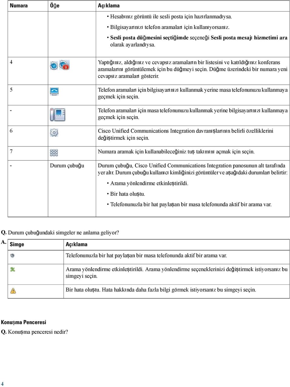 4 5-6 7 - Durum çubuğu Yaptığınız, aldığınız ve cevapsız aramaların bir listesini ve katıldığınız konferans aramalarını görüntülemek için bu düğmeyi seçin.