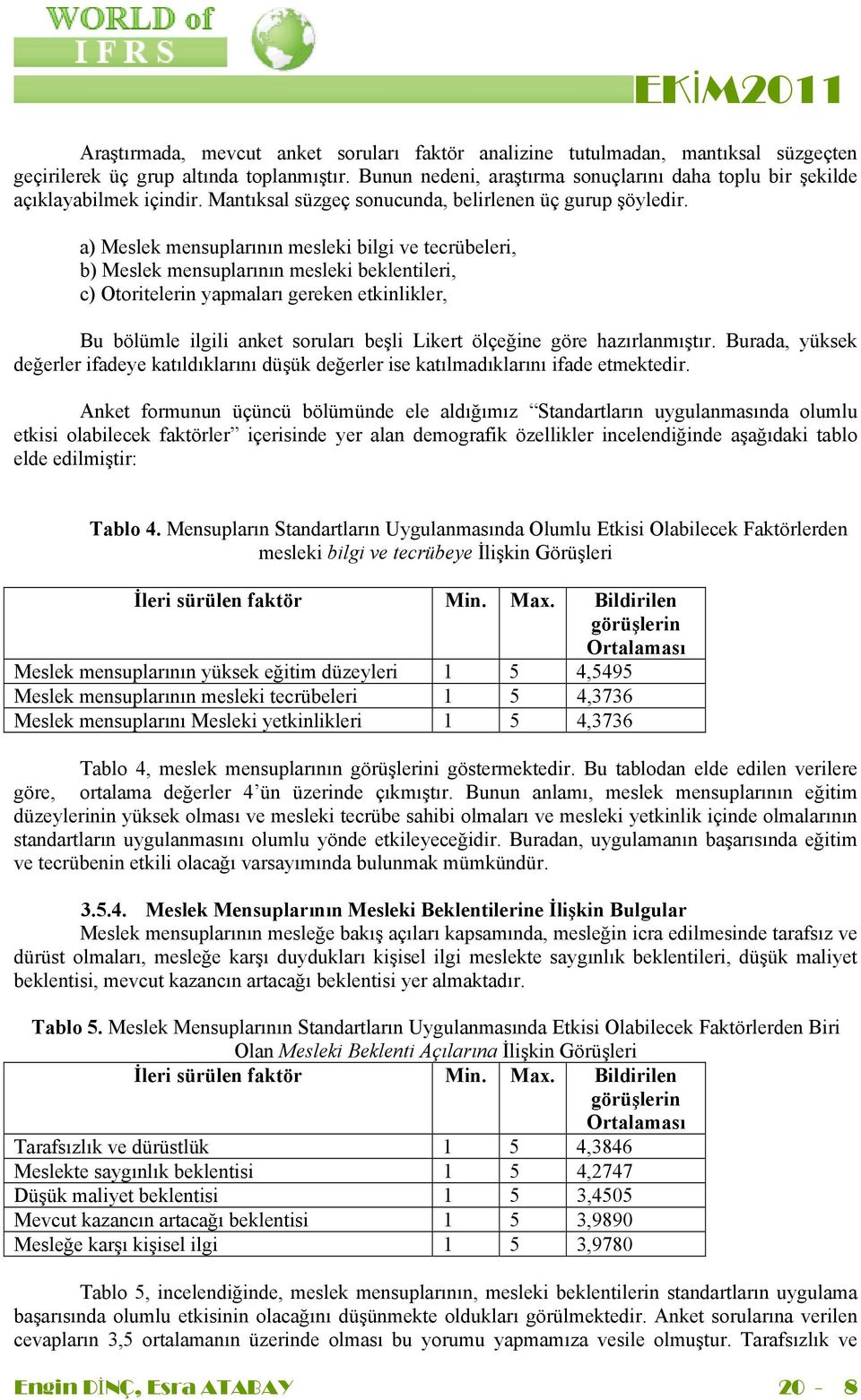 a) Meslek mensuplarının mesleki bilgi ve tecrübeleri, b) Meslek mensuplarının mesleki beklentileri, c) Otoritelerin yapmaları gereken etkinlikler, Bu bölümle ilgili anket soruları beşli Likert