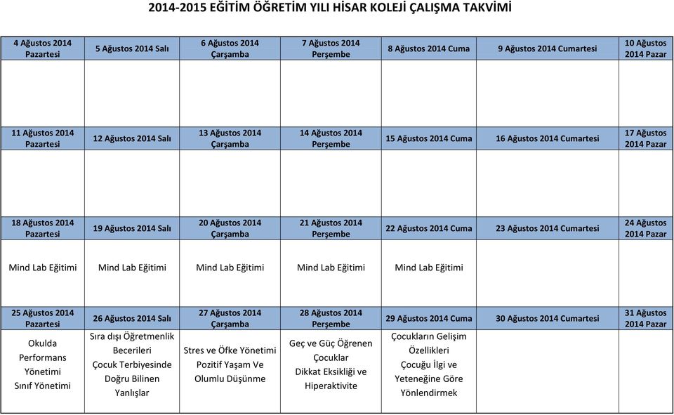 23 Ağustos 2014 Cumartesi 24 Ağustos Mind Lab Eğitimi Mind Lab Eğitimi Mind Lab Eğitimi Mind Lab Eğitimi Mind Lab Eğitimi 25 Ağustos 2014 Okulda Performans Yönetimi Sınıf Yönetimi 26 Ağustos 2014