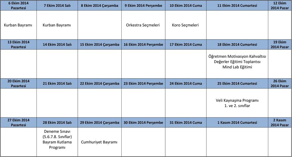 Mind Lab Eğitimi 19 Ekim 20 Ekim 2014 21 Ekim 2014 Salı 22 Ekim 2014 23 Ekim 2014 24 Ekim 2014 Cuma 25 Ekim 2014 Cumartesi 26 Ekim Veli Kaynaşma 1. ve 2.