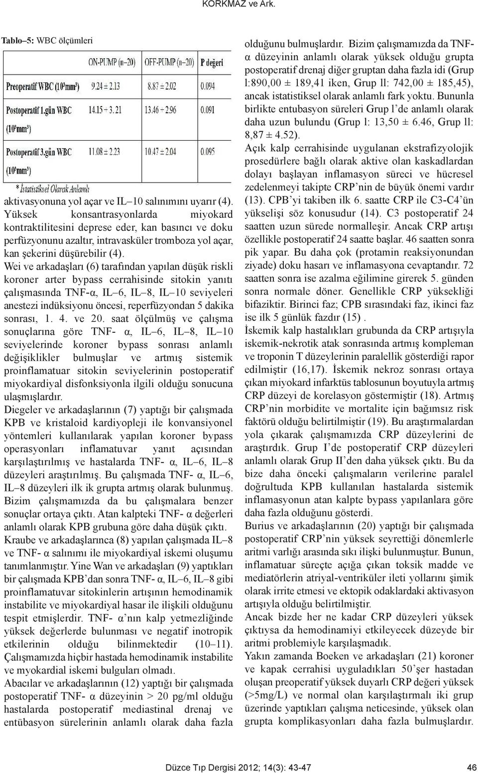 Wei ve arkadaşları (6) tarafından yapılan düşük riskli koroner arter bypass cerrahisinde sitokin yanıtı çalışmasında TNF-α, IL 6, IL 8, IL 0 seviyeleri anestezi indüksiyonu öncesi, reperfüzyondan 5