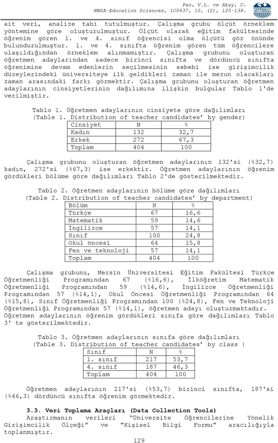 Çalışma grubunu oluşturan öğretmen adaylarından sadece birinci sınıfta ve dördüncü sınıfta öğrenimine devam edenlerin seçilmesinin sebebi ise girişimcilik düzeylerindeki üniversiteye ilk geldikleri