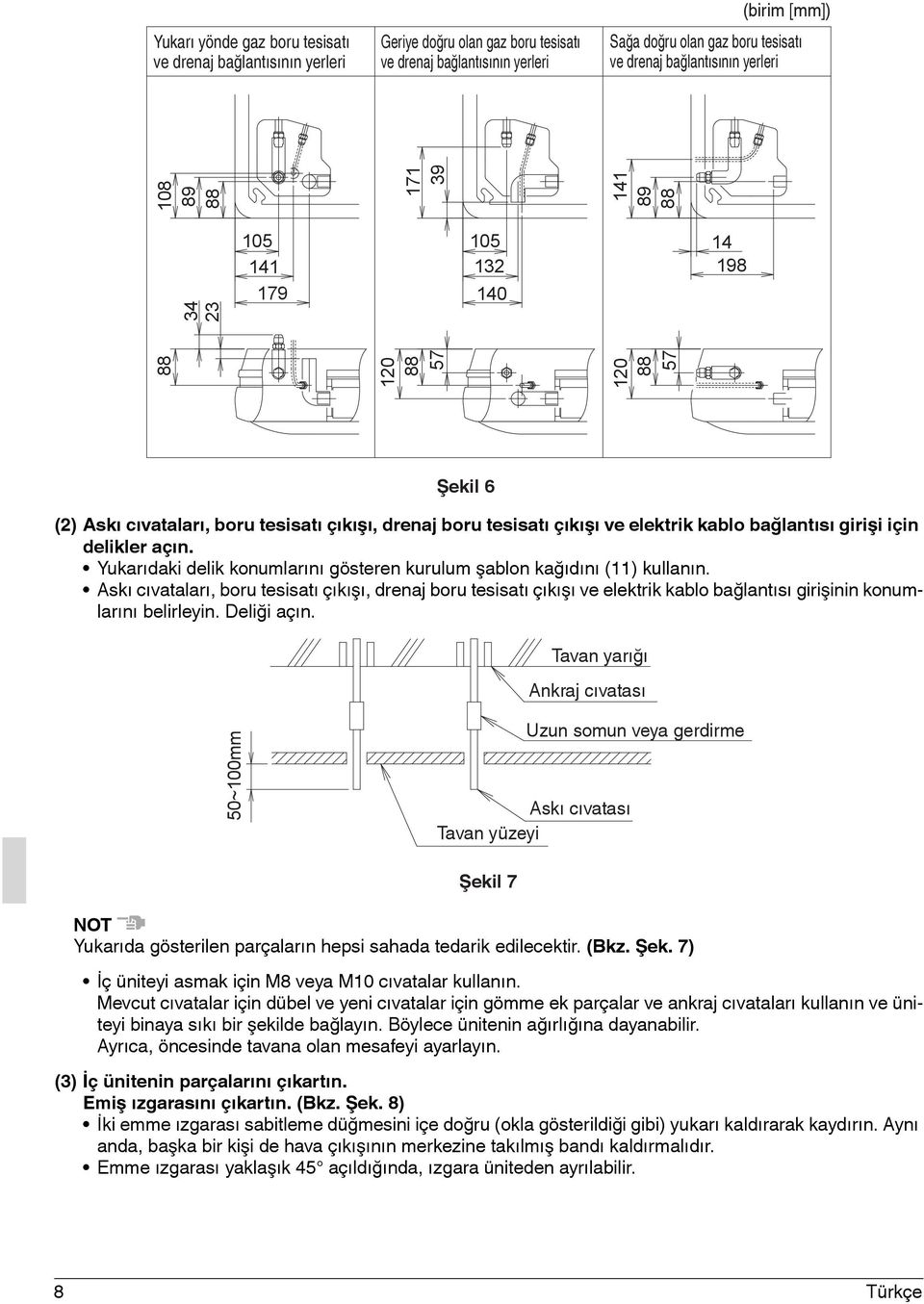 kablo bağlantısı girişi için delikler açın. Yukarıdaki delik konumlarını gösteren kurulum şablon kağıdını (11) kullanın.