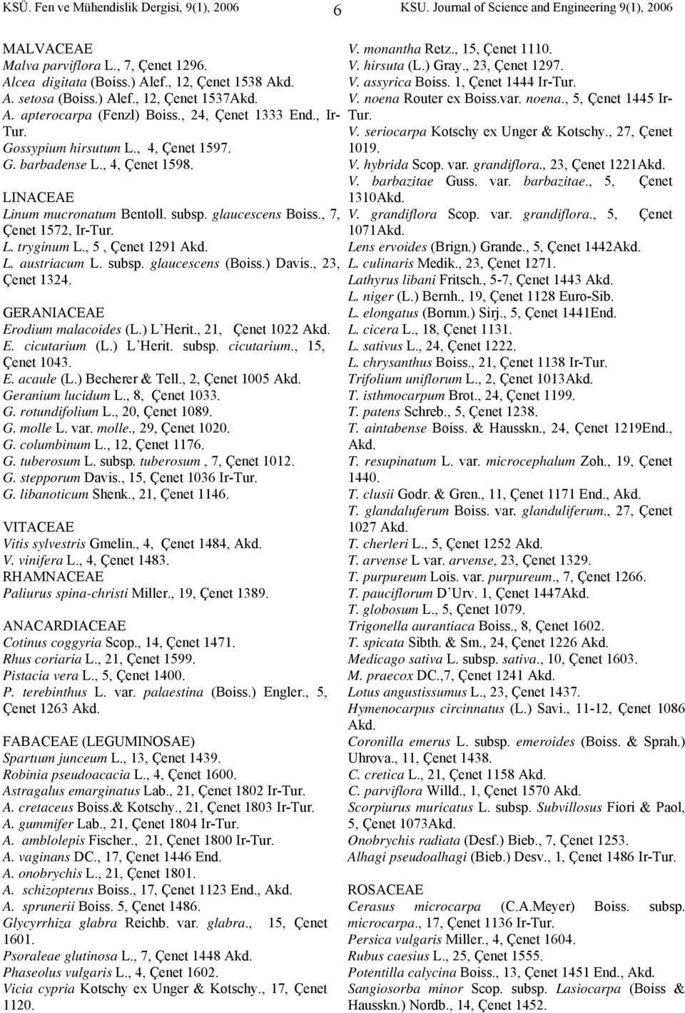 subsp. glaucescens Boiss., 7, Çenet 1572, Ir- L. tryginum L., 5, Çenet 1291 L. austriacum L. subsp. glaucescens (Boiss.) Davis., 23, Çenet 1324. GERANIACEAE Erodium malacoides (L.) L Herit.