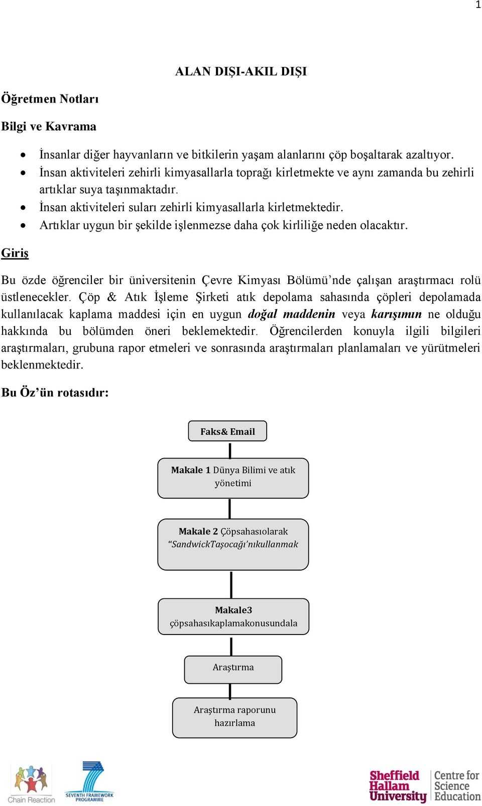 Artıklar uygun bir şekilde işlenmezse daha çok kirliliğe neden olacaktır. Giriş Bu özde öğrenciler bir üniversitenin Çevre Kimyası Bölümü nde çalışan araştırmacı rolü üstlenecekler.