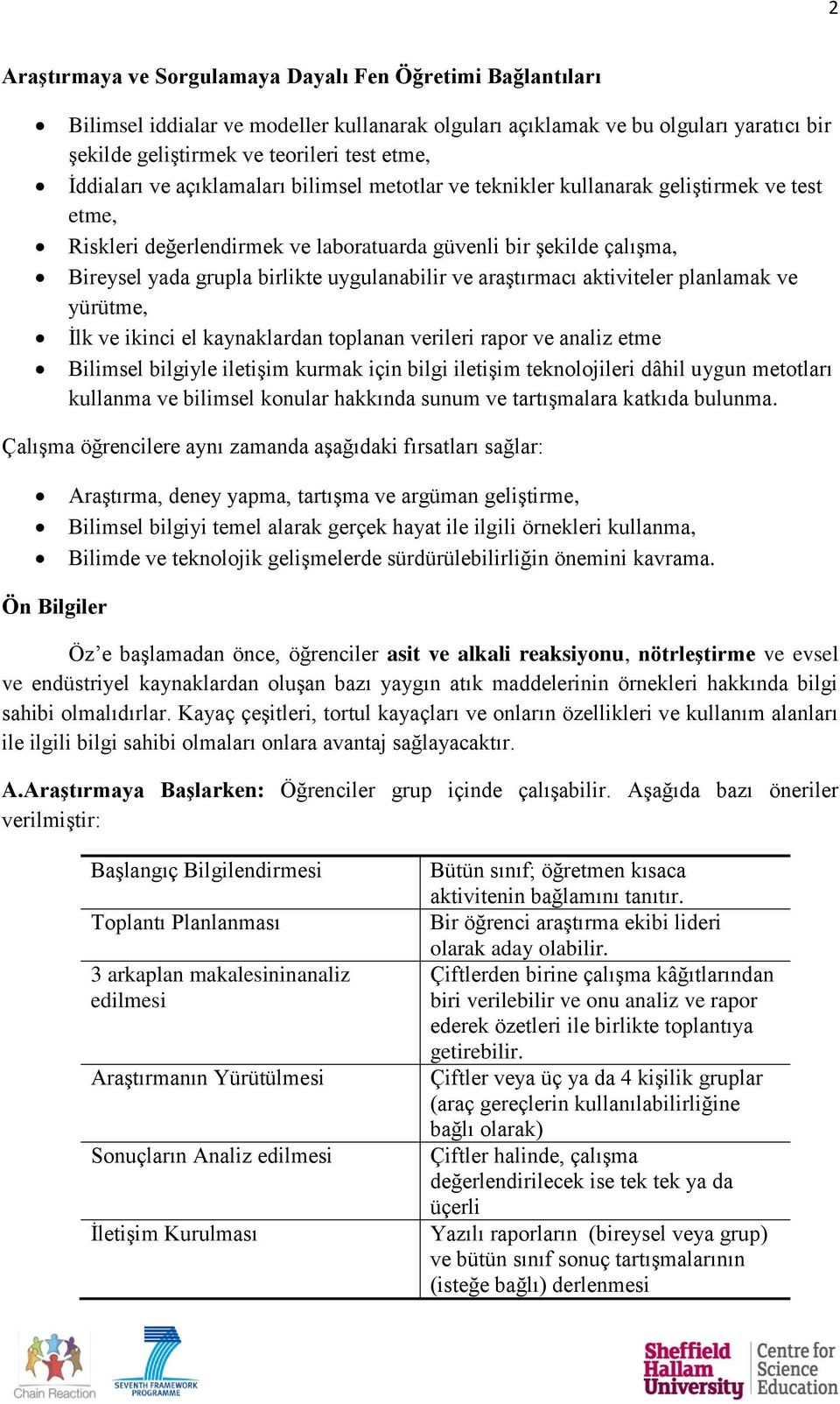 uygulanabilir ve araştırmacı aktiviteler planlamak ve yürütme, İlk ve ikinci el kaynaklardan toplanan verileri rapor ve analiz etme Bilimsel bilgiyle iletişim kurmak için bilgi iletişim teknolojileri