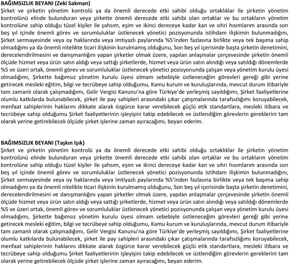 görev ve sorumluluklar üstlenecek yönetici pozisyonunda istihdam ilişkimin bulunmadığını, Şirket sermayesinde veya oy haklarında veya imtiyazlı paylarında %5 inden fazlasına birlikte veya tek başıma