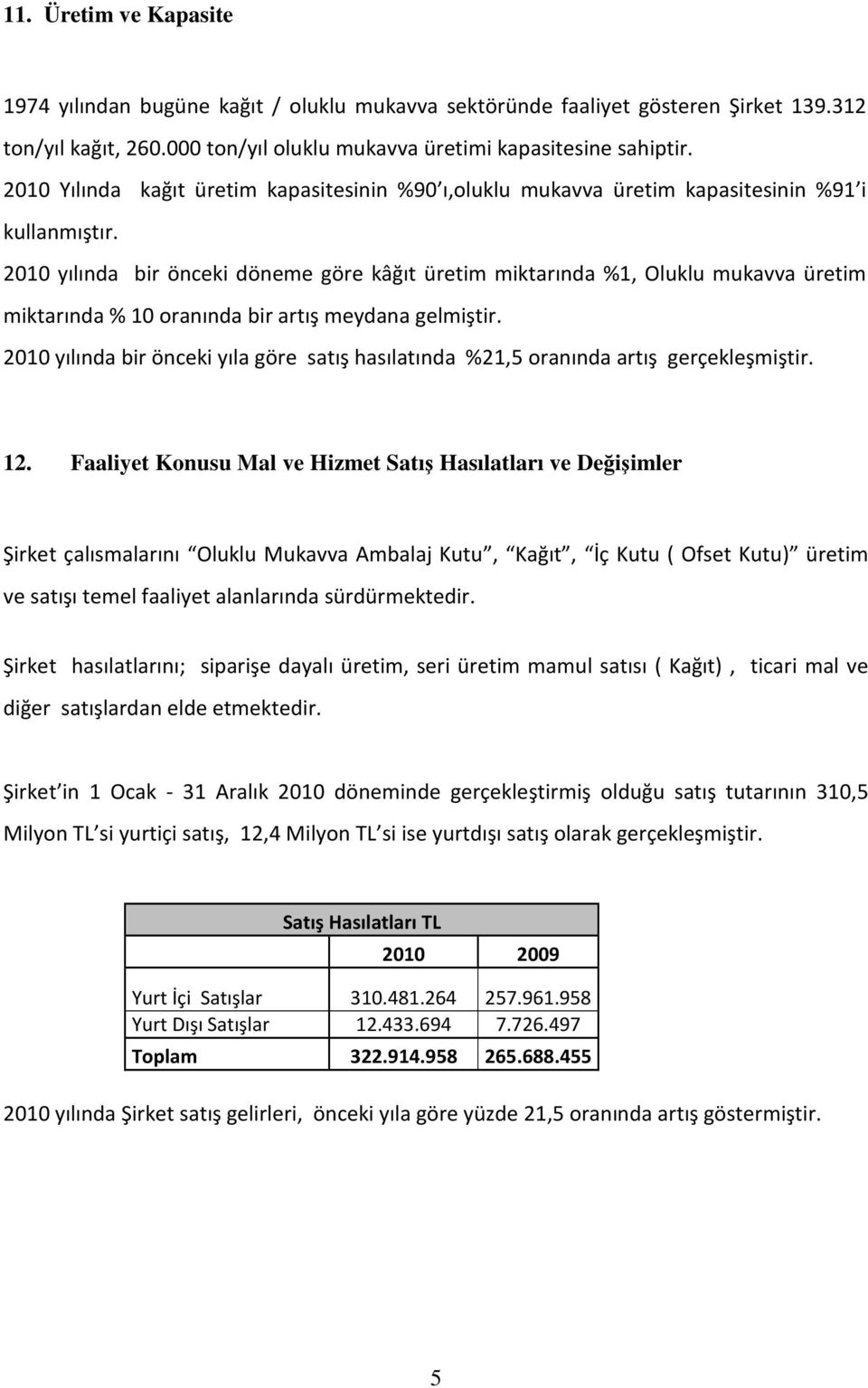 2010 yılında bir önceki döneme göre kâğıt üretim miktarında %1, Oluklu mukavva üretim miktarında % 10 oranında bir artış meydana gelmiştir.