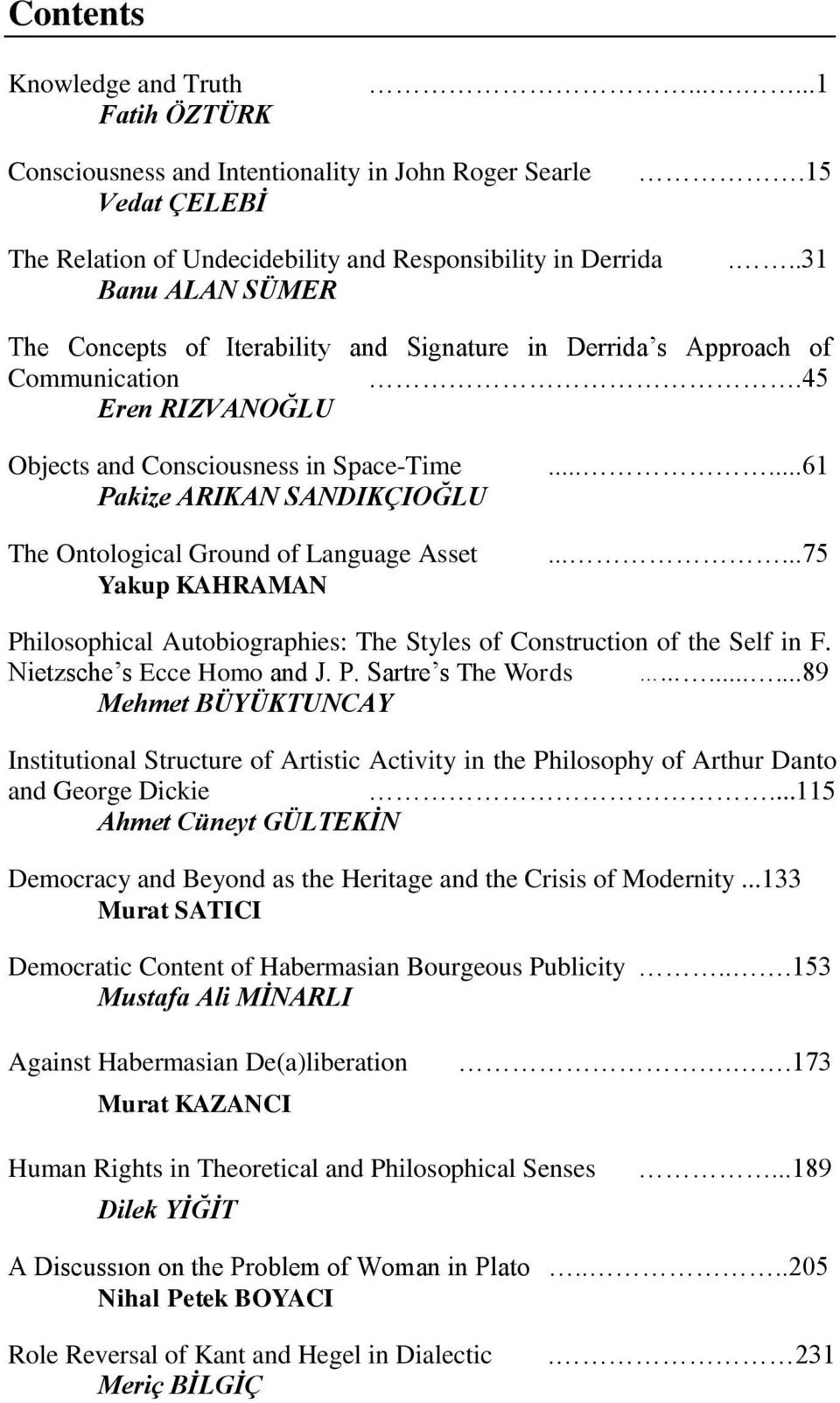 45 Eren RIZVANOĞLU Objects and Consciousness in Space-Time Pakize ARIKAN SANDIKÇIOĞLU The Ontological Ground of Language Asset Yakup KAHRAMAN......61.