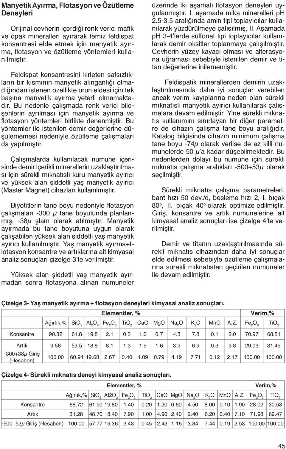 Feldispat konsantresini kirleten safsızlıkların bir kısmının manyetik alınganlığı olmadığından istenen özellikte ürün eldesi için tek başına manyetik ayırma yeterli olmamaktadır.