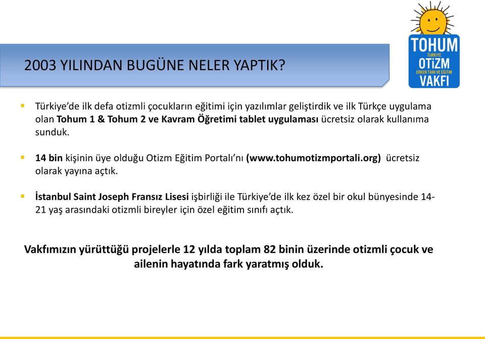 uygulaması ücretsiz olarak kullanıma sunduk. 14 bin kişinin üye olduğu Otizm Eğitim Portalı nı (www.tohumotizmportali.org) ücretsiz olarak yayına açtık.