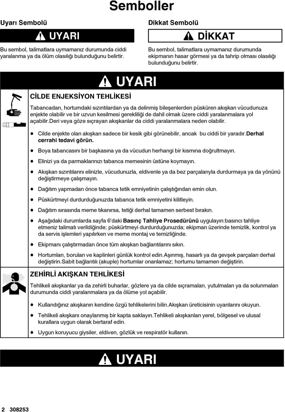 CİL NJKSİYON THLİKSİ Tabancadan, hortumdaki sızıntılardan ya da delinmiş bileşenlerden püsküren akışkan vücudunuza enjekte olabilir ve bir uzvun kesilmesi gerekliliği de dahil olmak üzere ciddi