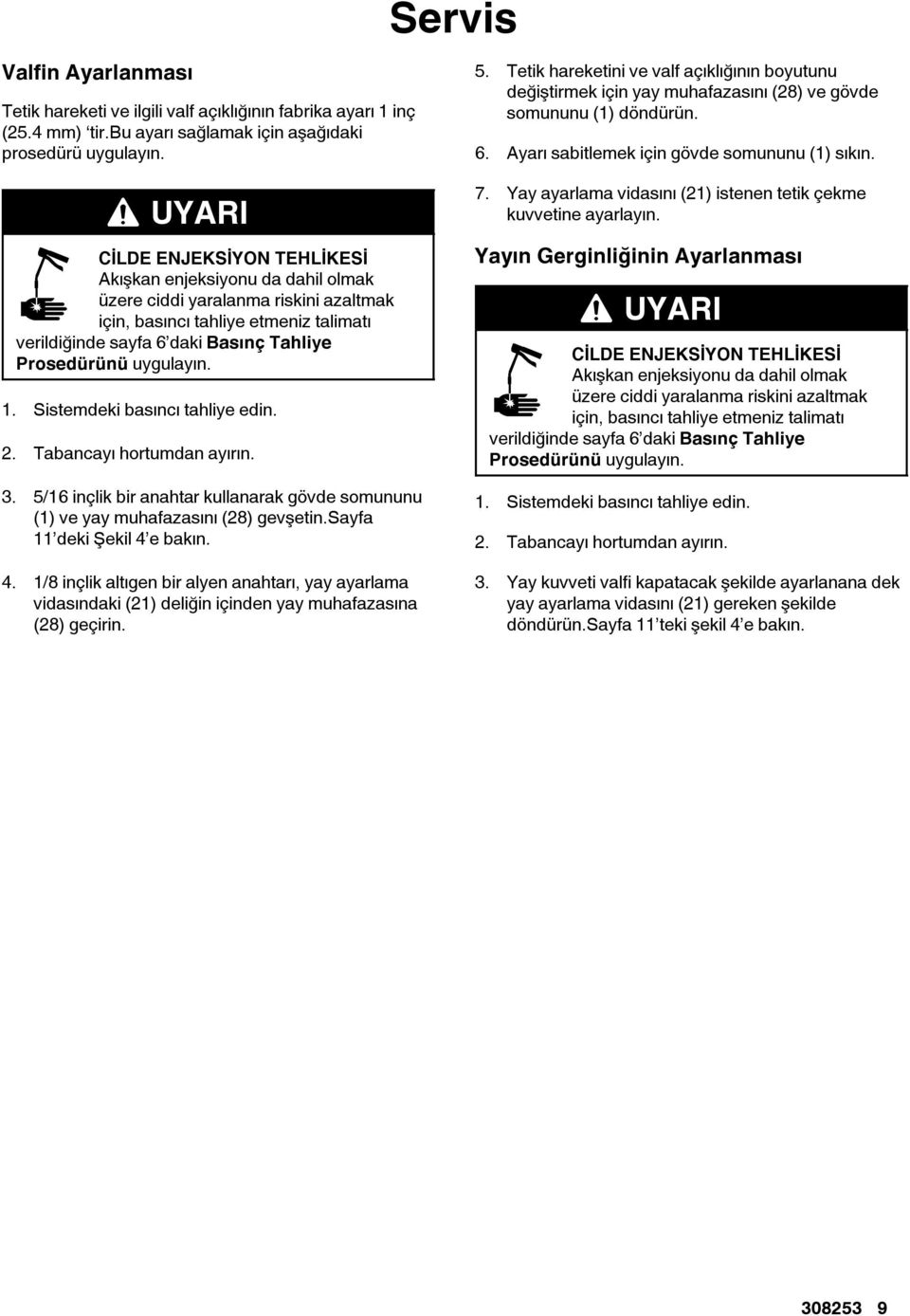 Sistemdeki basıncı tahliye edin. 2. Tabancayı hortumdan ayırın. 3. 5/16 inçlik bir anahtar kullanarak gövde somununu (1) ve yay muhafazasını (28) gevşetin.sayfa 11 deki Şekil 4 