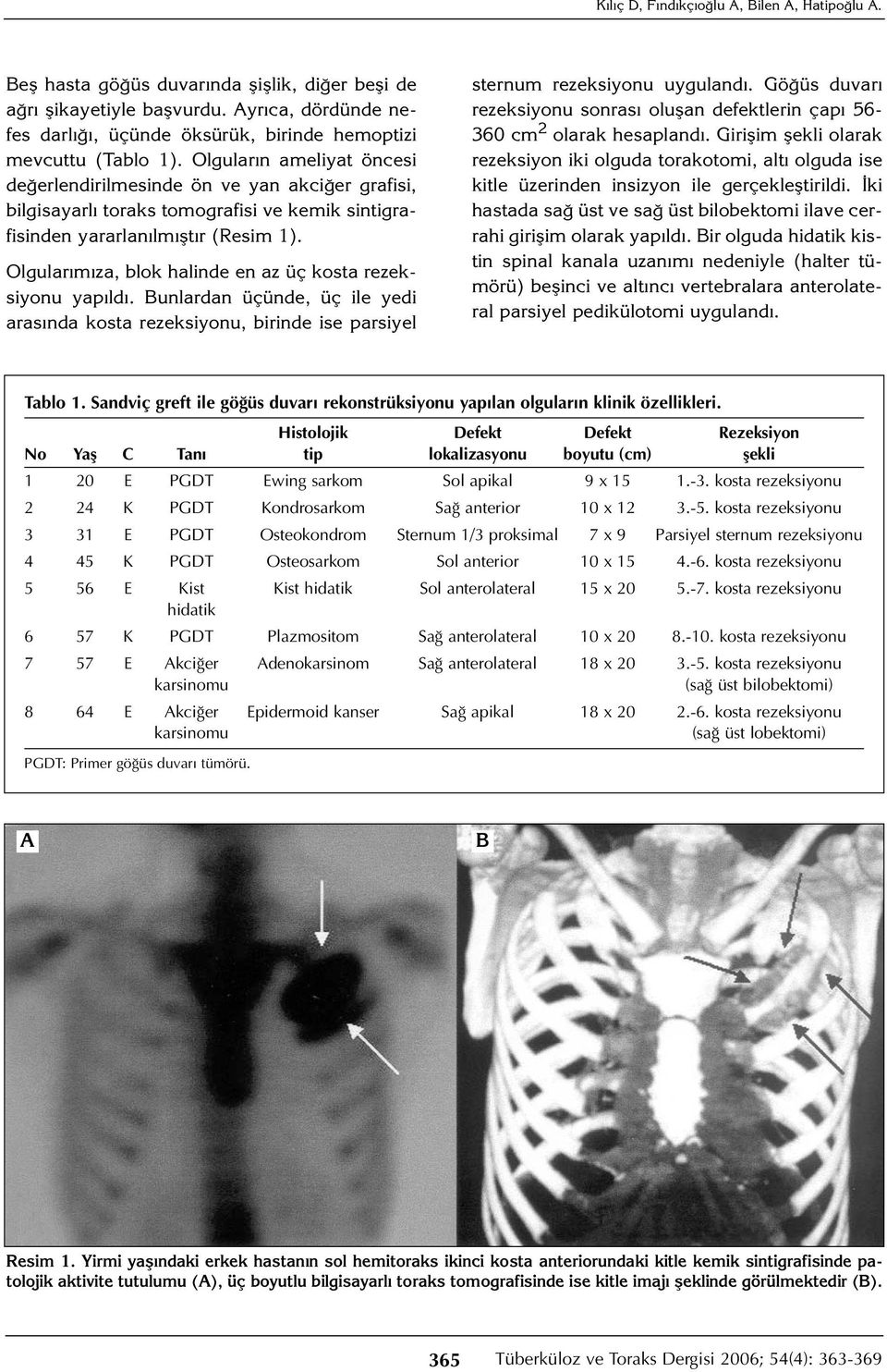 Olguların ameliyat öncesi değerlendirilmesinde ön ve yan akciğer grafisi, bilgisayarlı toraks tomografisi ve kemik sintigrafisinden yararlanılmıştır (Resim 1).