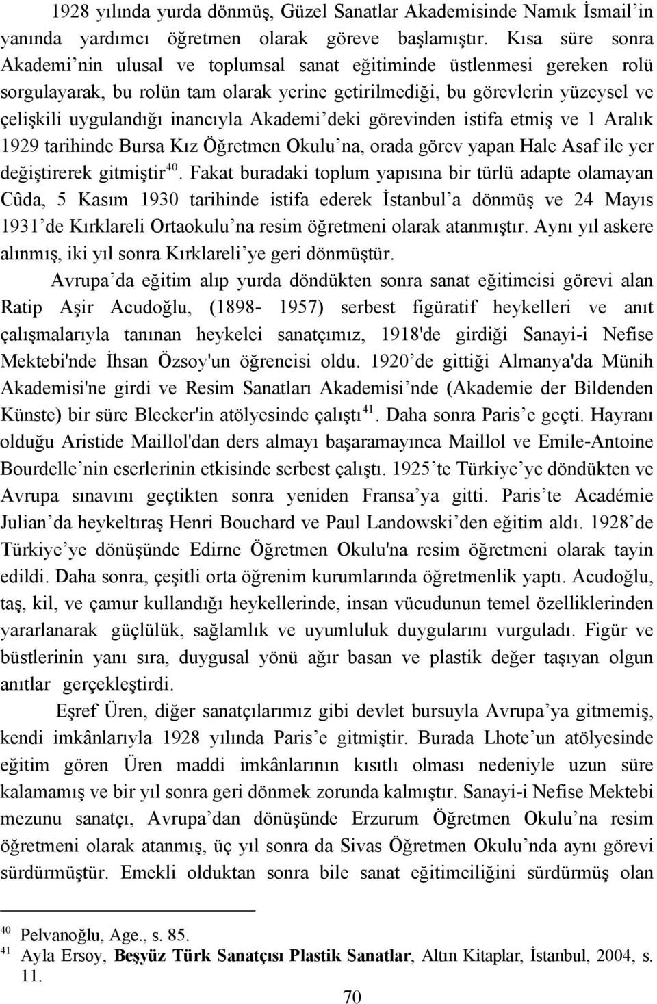 inancıyla Akademi deki görevinden istifa etmiş ve 1 Aralık 1929 tarihinde Bursa Kız Öğretmen Okulu na, orada görev yapan Hale Asaf ile yer değiştirerek gitmiştir 40.