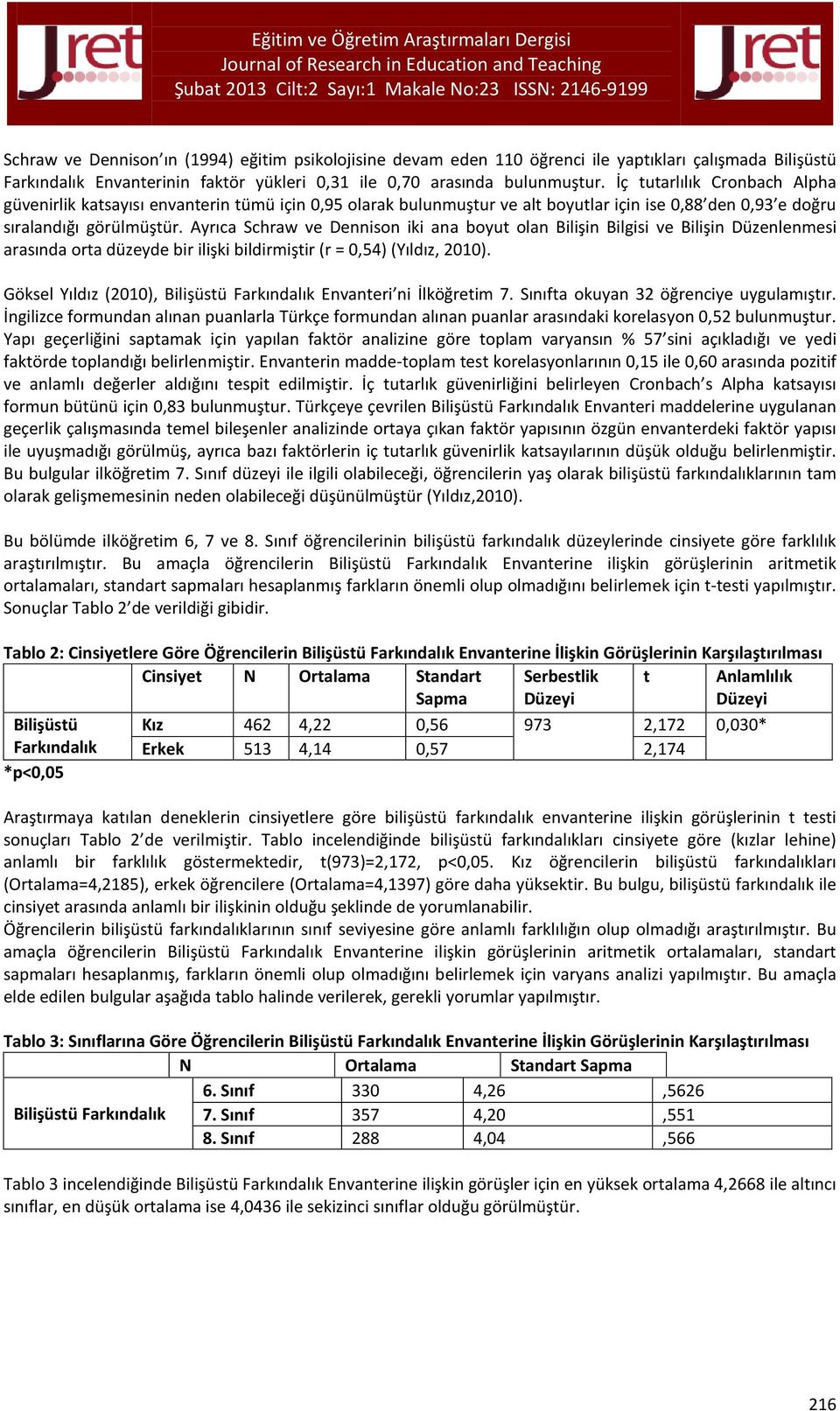 Ayrıca Schraw ve Dennison iki ana boyut olan Bilişin Bilgisi ve Bilişin Düzenlenmesi arasında orta düzeyde bir ilişki bildirmiştir (r = 0,54) (Yıldız, 2010).