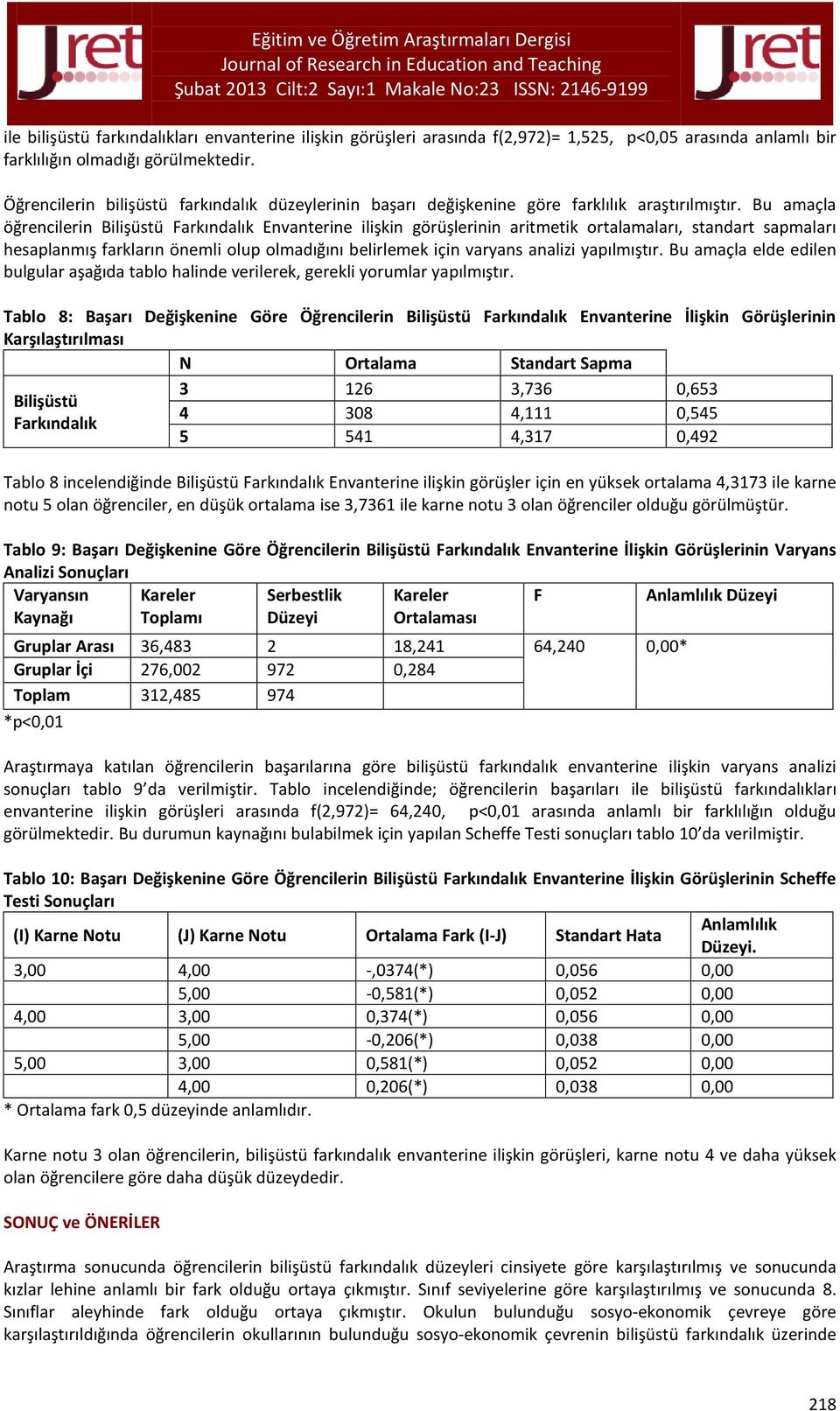 Bu amaçla öğrencilerin Bilişüstü Farkındalık Envanterine ilişkin görüşlerinin aritmetik ortalamaları, standart sapmaları hesaplanmış farkların önemli olup olmadığını belirlemek için varyans analizi