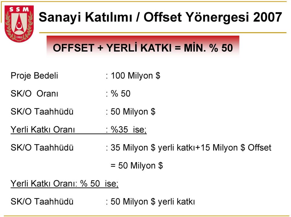 Yerli Katkı Oranı SK/O Taahhüdü : %35 ise; : 35 Milyon $ yerli katkı+15 Milyon