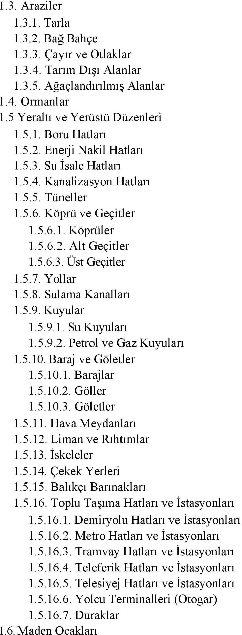 Kuyular 1.5.9.1. Su Kuyuları 1.5.9.2. Petrol ve Gaz Kuyuları 1.5.10. Baraj ve Göletler 1.5.10.1. Barajlar 1.5.10.2. Göller 1.5.10.3. Göletler 1.5.11. Hava Meydanları 1.5.12. Liman ve Rıhtımlar 1.5.13.