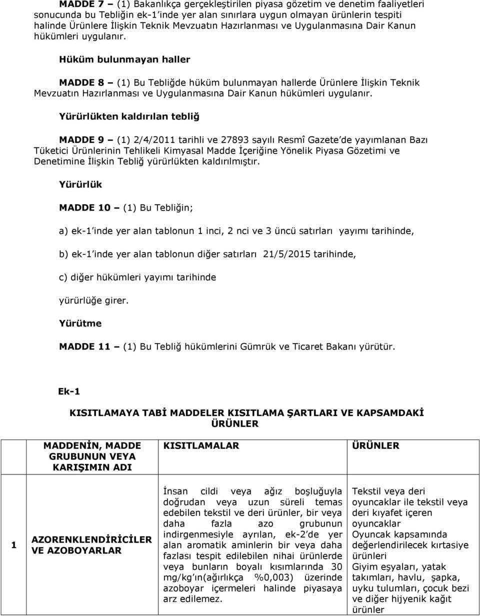 Hüküm bulunmayan haller MADDE 8 (1) Bu Tebliğde hüküm bulunmayan hallerde Ürünlere İlişkin Teknik Mevzuatın  Yürürlükten kaldırılan tebliğ MADDE 9 (1) 2//2011 tarihli ve 2893 sayılı Resmî Gazete de