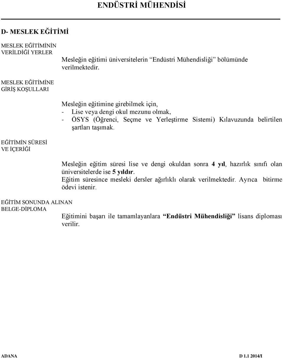 belirtilen şartları taşımak. EĞİTİMİN SÜRESİ VE İÇERİĞİ Mesleğin eğitim süresi lise ve dengi okuldan sonra 4 yıl, hazırlık sınıfı olan üniversitelerde ise 5 yıldır.