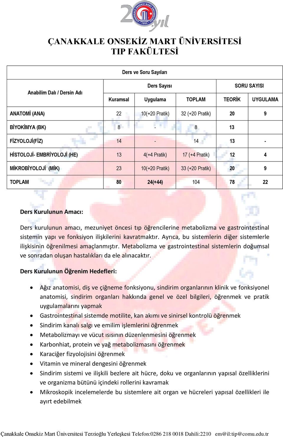 amacı, mezuniyet öncesi tıp öğrencilerine metabolizma ve gastrointestinal sistemin yapı ve fonksiyon ilişkilerini kavratmaktır.