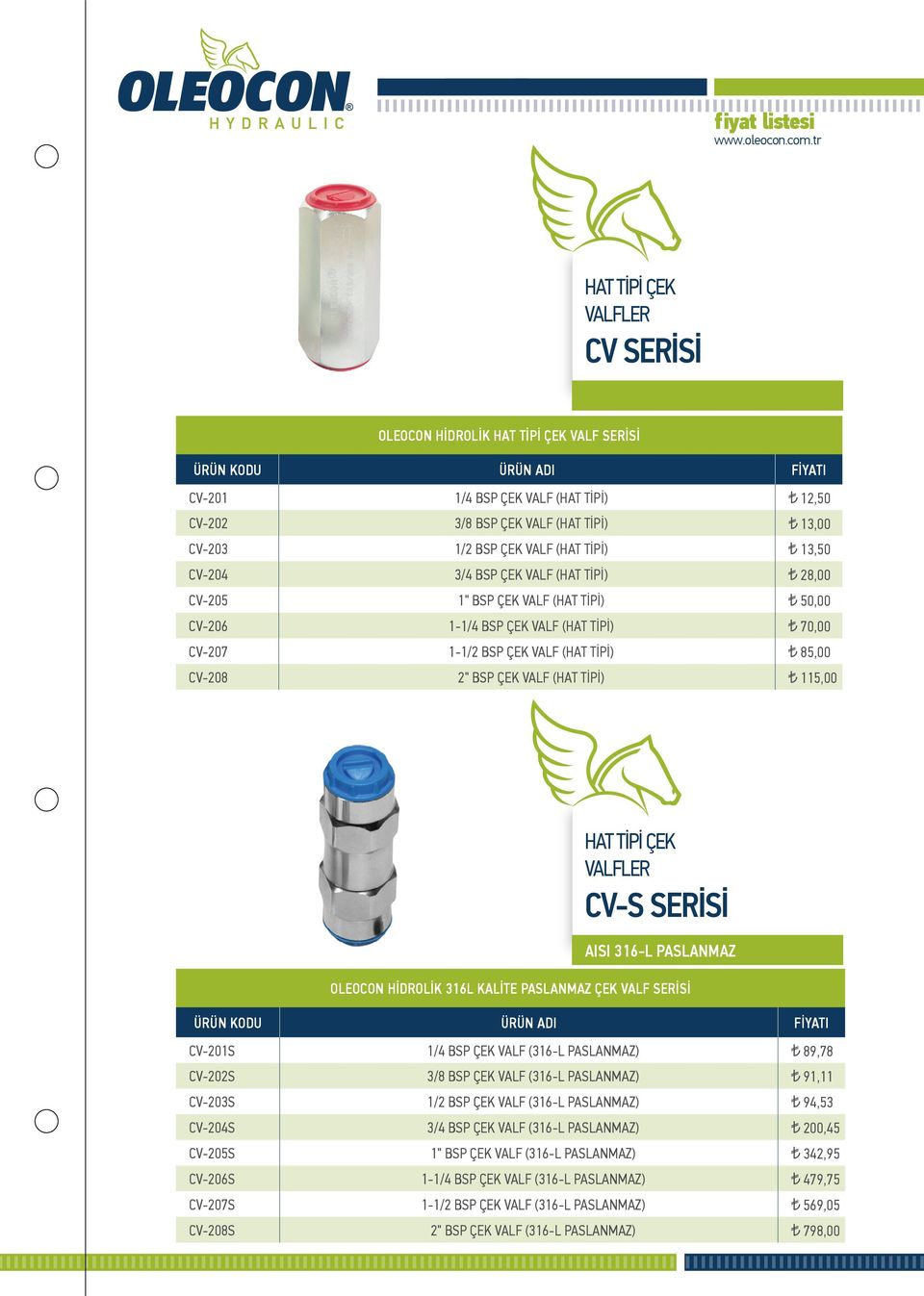 TİPİ) 115,00 HAT TİPİ ÇEK VALFLER CV-S SERİSİ AISI 316-L PASLANMAZ OLEOCON HİDROLİK 316L KALİTE PASLANMAZ ÇEK VALF SERİSİ CV-201S 1/4 BSP ÇEK VALF (316-L PASLANMAZ) 89,78 CV-202S 3/8 BSP ÇEK VALF