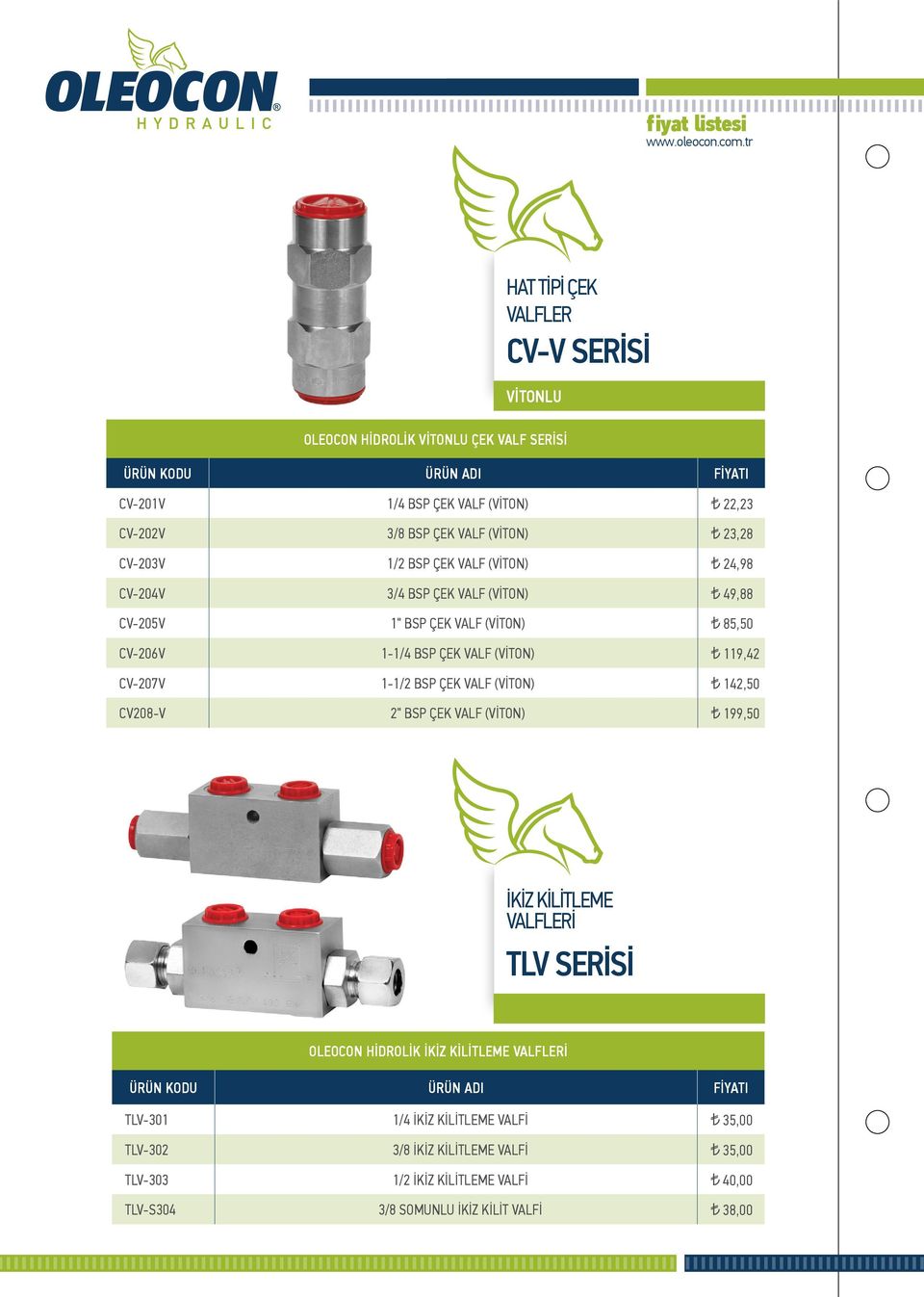 119,42 CV-207V 1-1/2 BSP ÇEK VALF (VİTON) 142,50 CV208-V 2" BSP ÇEK VALF (VİTON) 199,50 İKİZ KİLİTLEME VALFLERİ TLV SERİSİ OLEOCON HİDROLİK İKİZ KİLİTLEME