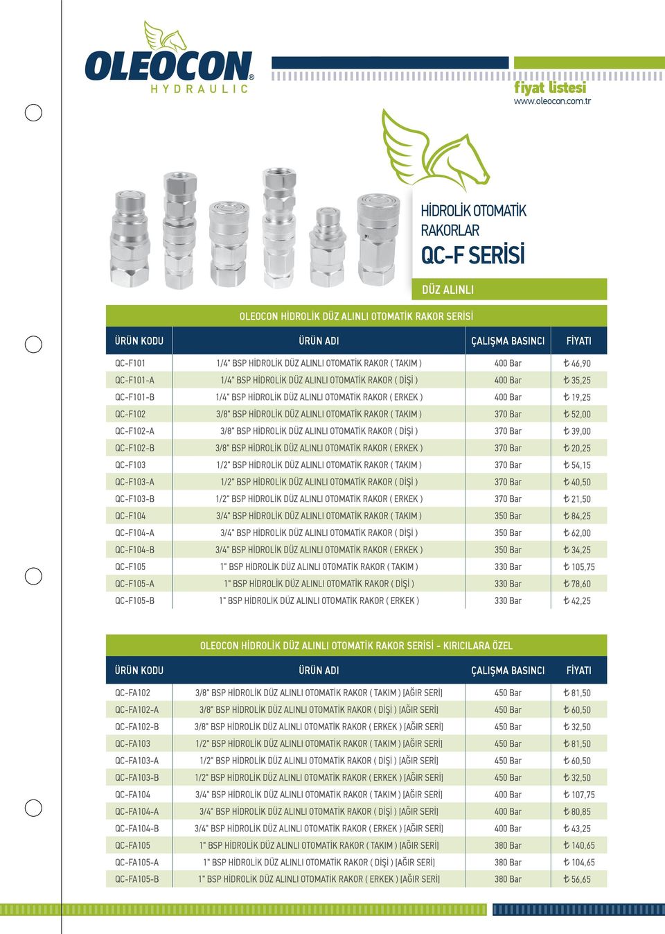 HİDROLİK DÜZ ALINLI OTOMATİK RAKOR ( TAKIM ) 370 Bar 52,00 QC-F102-A 3/8" BSP HİDROLİK DÜZ ALINLI OTOMATİK RAKOR ( DİŞİ ) 370 Bar 39,00 QC-F102-B 3/8" BSP HİDROLİK DÜZ ALINLI OTOMATİK RAKOR ( ERKEK )