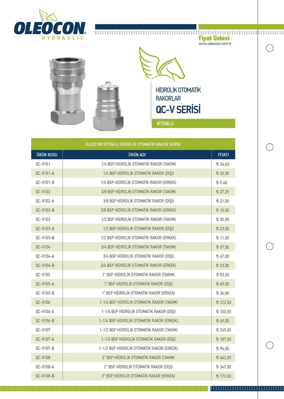 OTOMATİK RAKOR (ERKEK) 10,50 QC-V103 1/2 BSP HİDROLİK OTOMATİK RAKOR (TAKIM) 30,00 QC-V103-A 1/2 BSP HİDROLİK OTOMATİK RAKOR (DİŞİ) 23,00 QC-V103-B 1/2 BSP HİDROLİK OTOMATİK RAKOR (ERKEK) 11,00