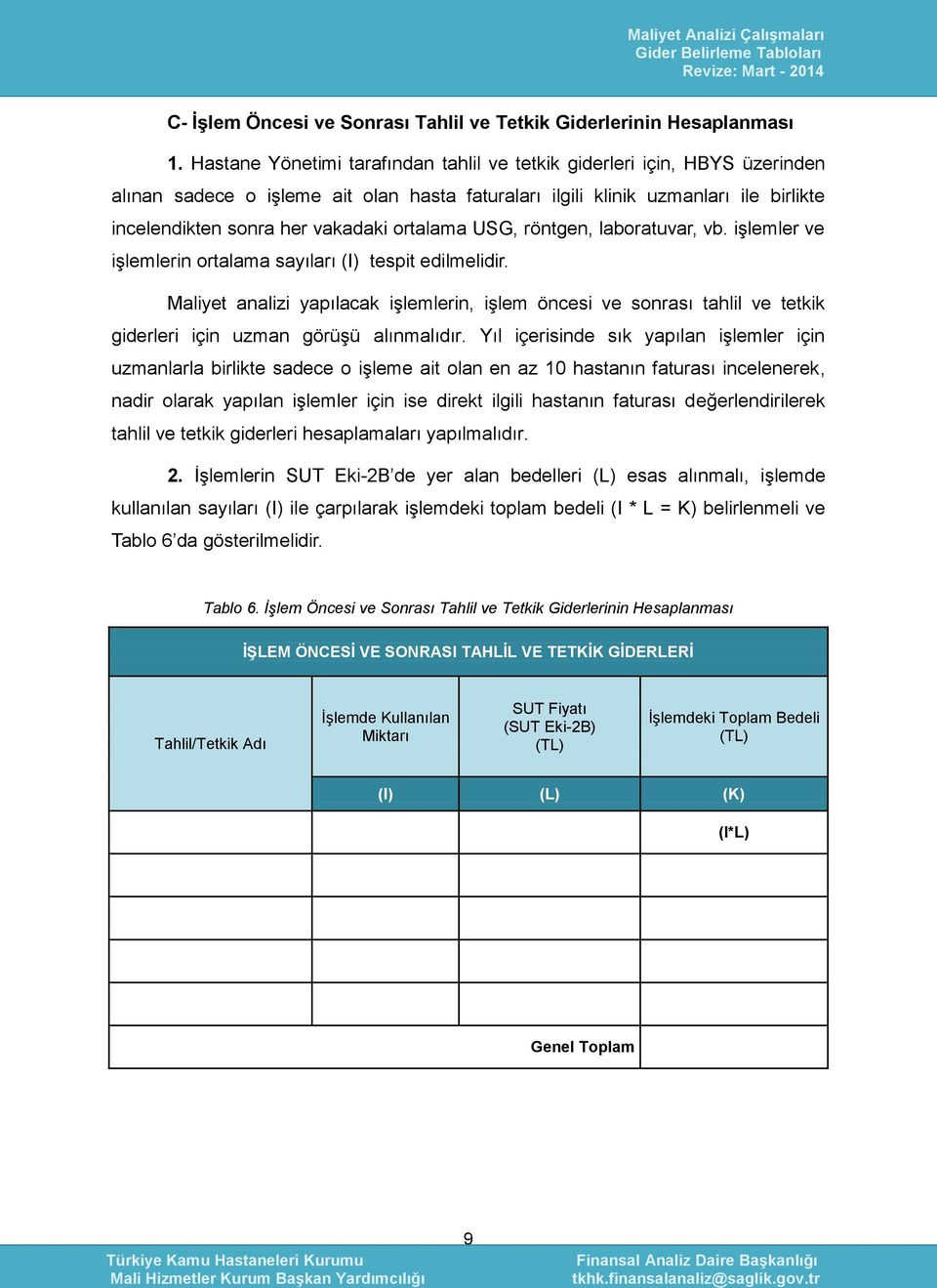 ortalama USG, röntgen, laboratuvar, vb. işlemler ve işlemlerin ortalama sayıları (I) tespit edilmelidir.