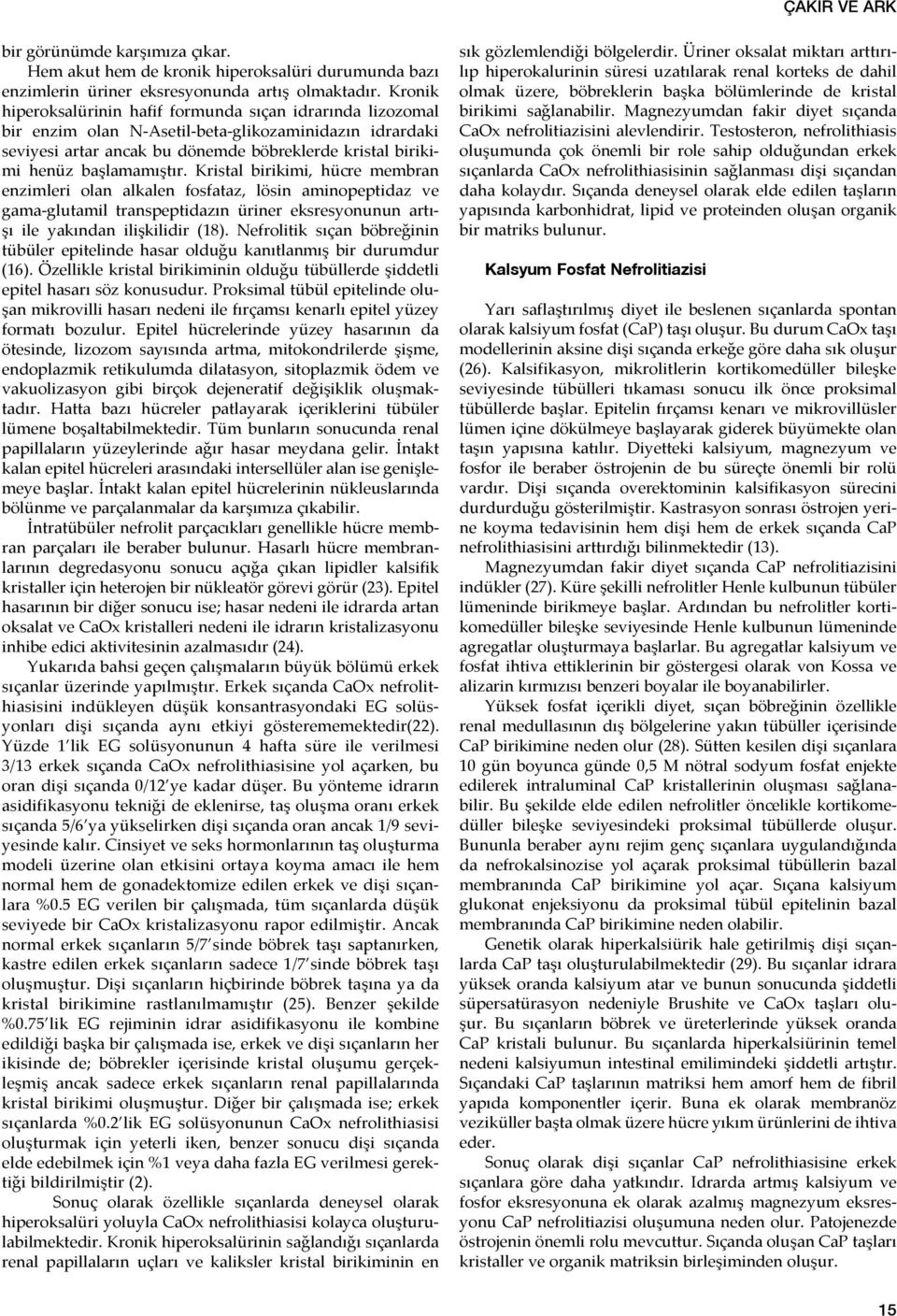 başlamamıştır. Kristal birikimi, hücre membran enzimleri olan alkalen fosfataz, lösin aminopeptidaz ve gama-glutamil transpeptidazın üriner eksresyonunun artışı ile yakından ilişkilidir (18).